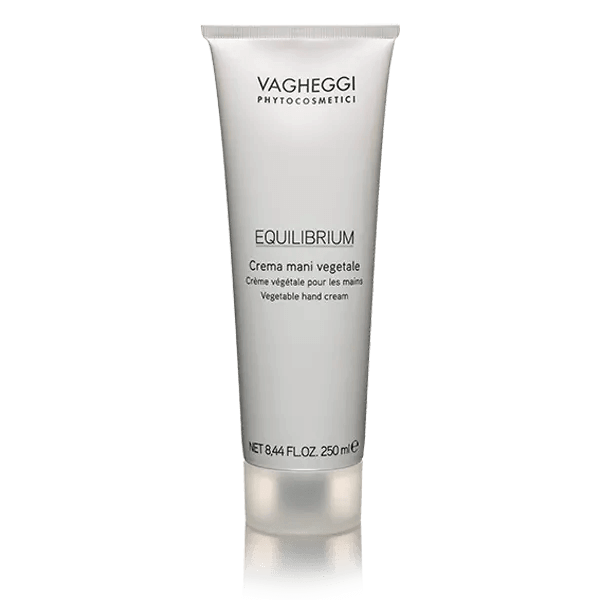 Equilibrium Vegetable Hand Cream tube featuring nourishing ingredients like shea butter, almond oil, lemon, 50 ml.