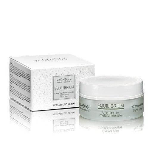Equilibrium Face Cream with essential oils of orange, maintains skin pH, youthful look. Day and night use, tub and box displayed.