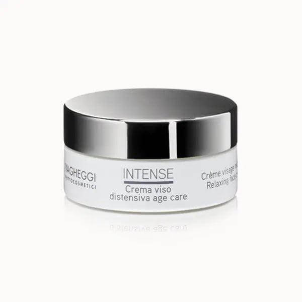 Intense Relaxing Face Cream in silver jar, 50ml. Hydrating 24-hour cream reduces fine lines, enriched with coconut oil and hyaluronic acid.