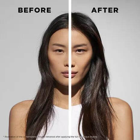 Before and after image showing results of hair treatment with improved shine and texture.
