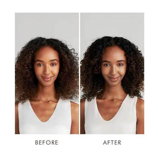 Before and after results of using curl defining cream on naturally curly hair, showing enhanced curls with volume and shine.