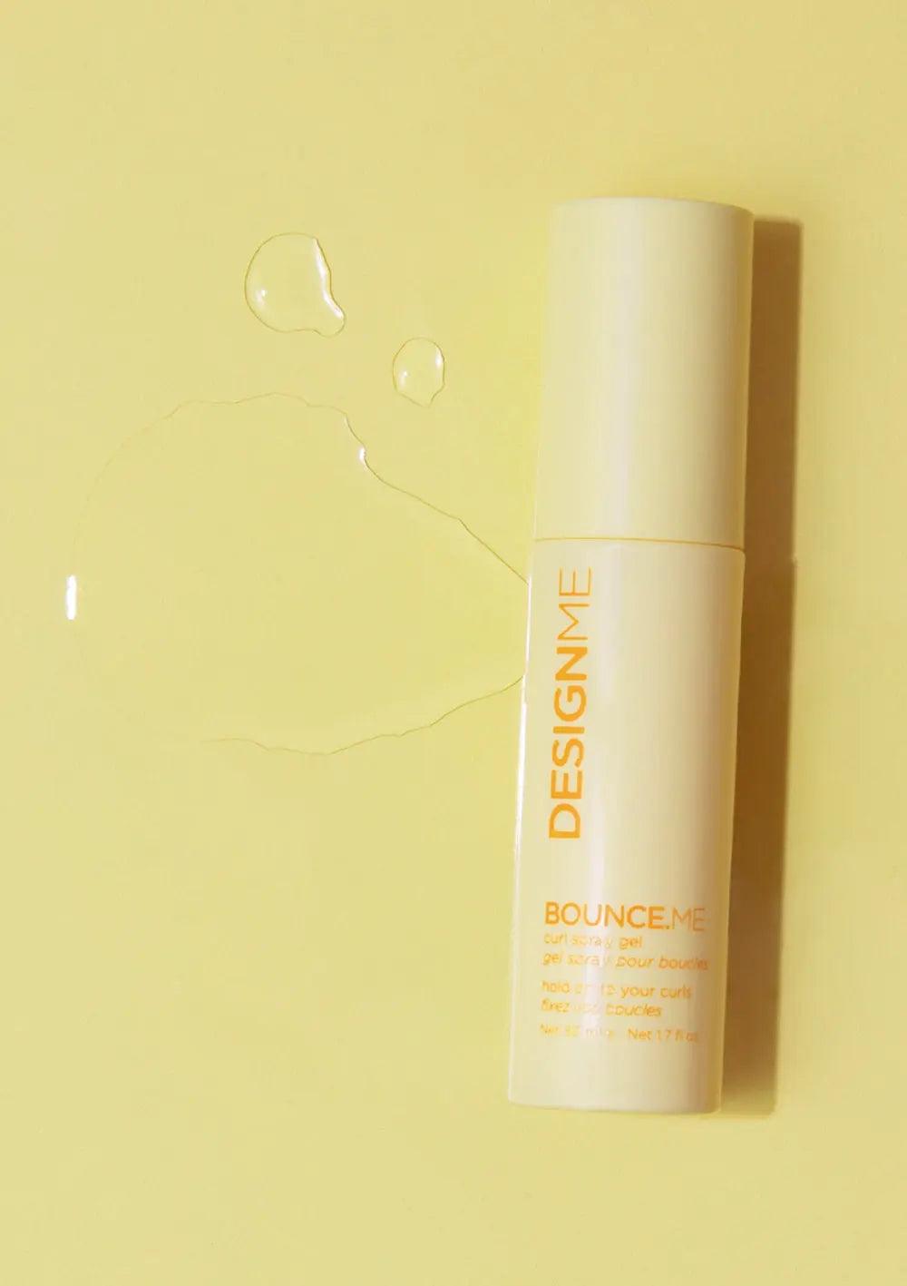 BOUNCE.ME curl balm bottle on yellow background, part of the Curl Discovery Kit for bouncy defined curls.
