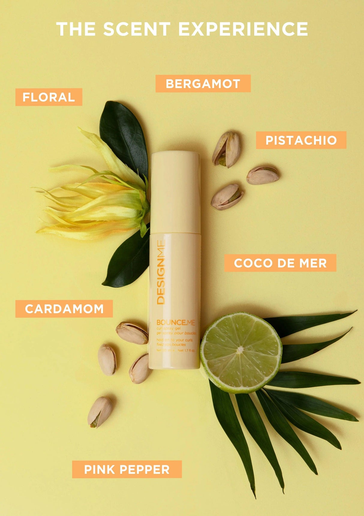 Fragrance bottle with floral, bergamot, pistachio, cardamom, coco de mer, and pink pepper scent elements on yellow background.