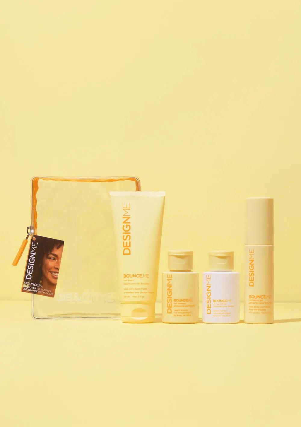 Curl Discovery Kit featuring BOUNCE.ME shampoo, conditioner, curl balm, and spray gel in a transparent pouch with yellow background.