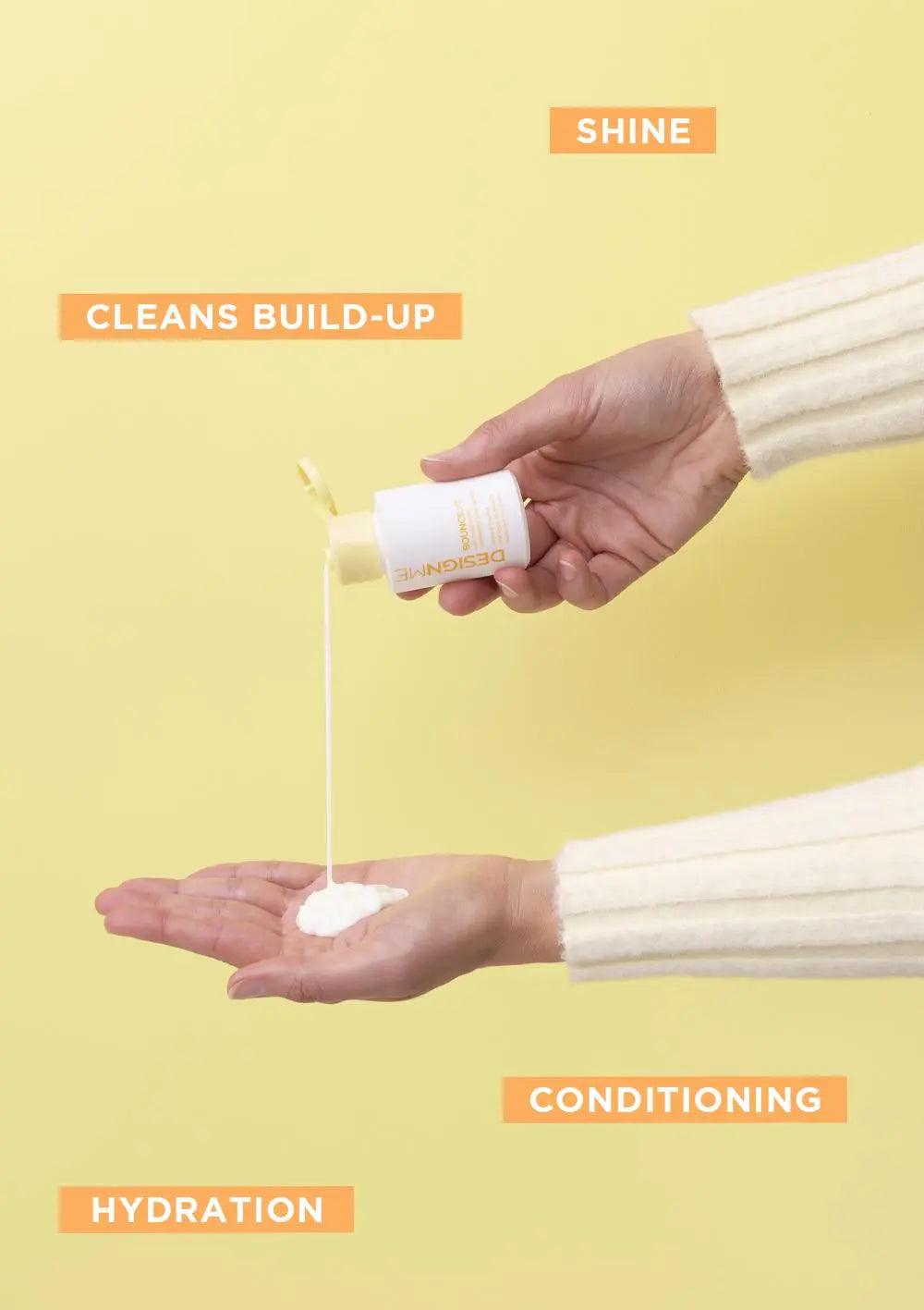 Person pouring curl care product onto palm, highlighting shine, hydration, conditioning, and build-up cleaning benefits.