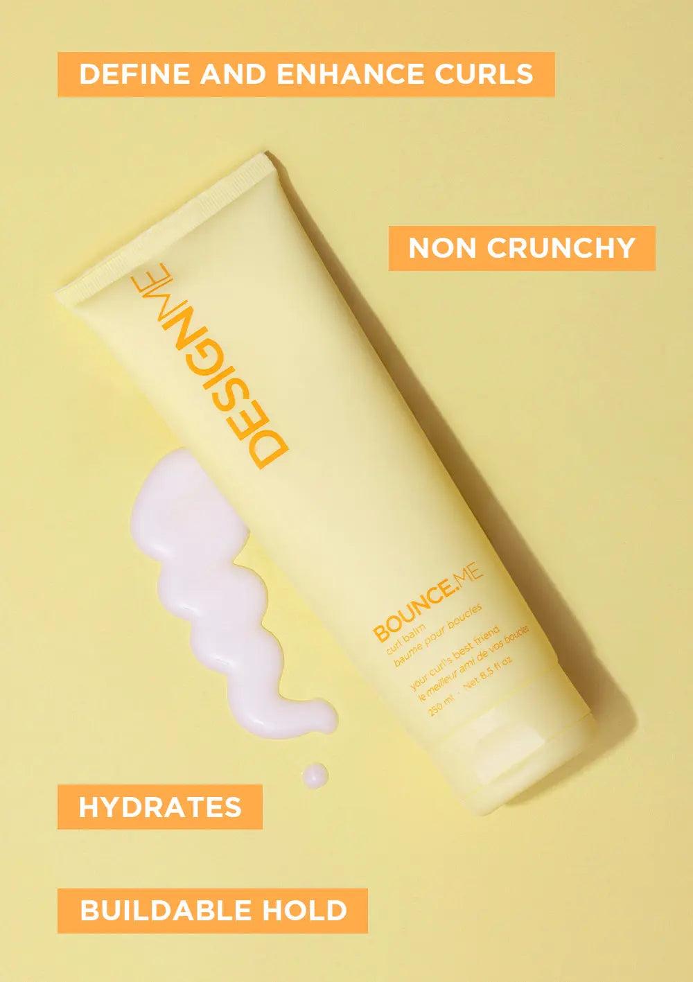 Design.ME Bounce curl balm for defining and enhancing curls with hydration and buildable hold, non-crunchy formula.
