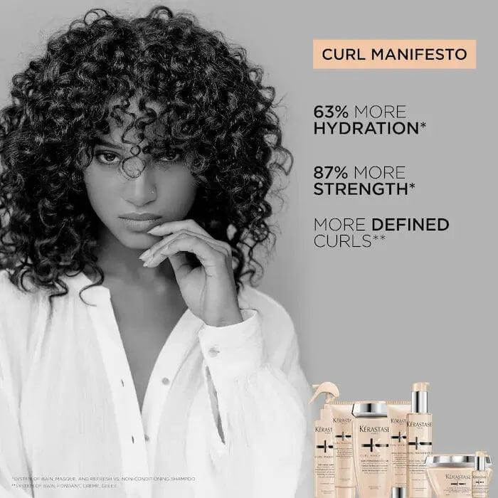 Kérastase Curl Manifesto with model showcasing defined curls; 63% more hydration, 87% more strength for curly hair using Fondant Hydration.