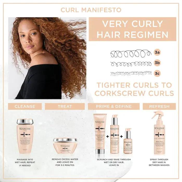 Kerastase Curl Manifesto products for very curly hair regimen featuring steps to cleanse, treat, prime, define, and refresh curls.