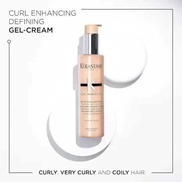 Kerastase Curl Manifesto Gelée Contour bottle for curly and coily hair, enhances curls, defines shape, and controls frizz.