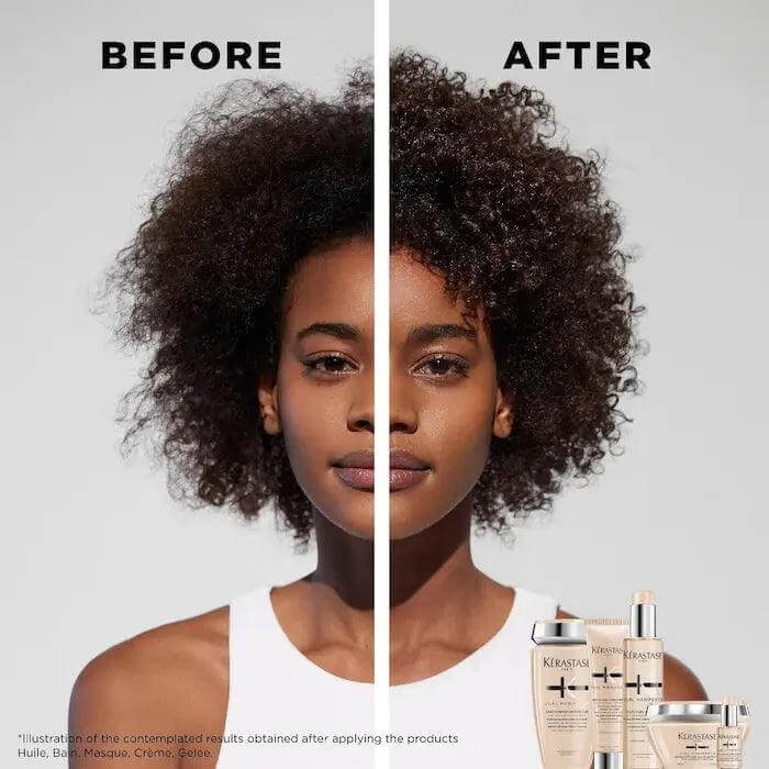 Before and after results using Curl Manifesto Masque Beurre Haute Nutrition, showing improved curly hair hydration and volume.