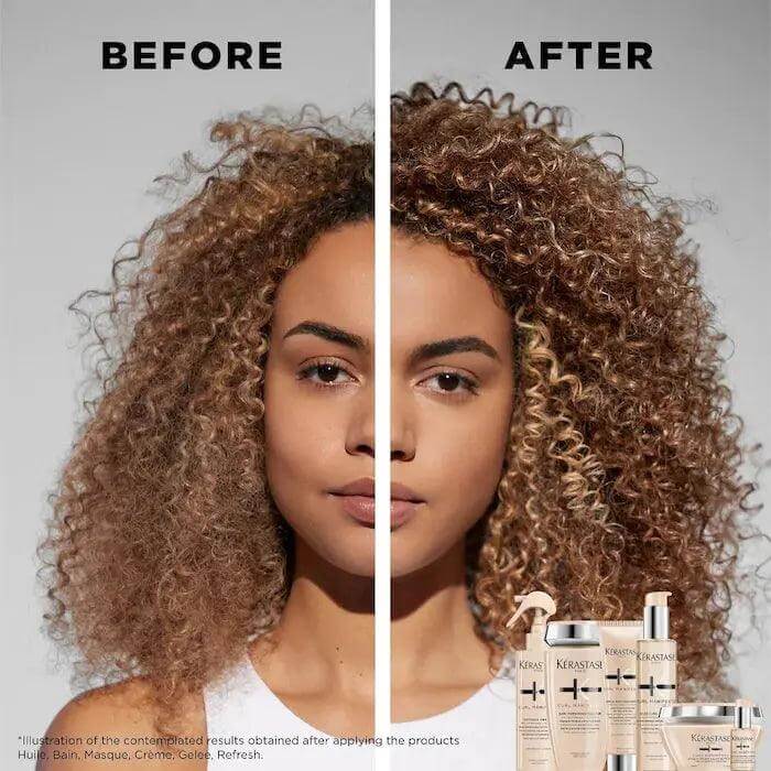 Before and after image showing improved curly hair using Curl Manifesto Masque Beurre Haute Nutrition hair mask.