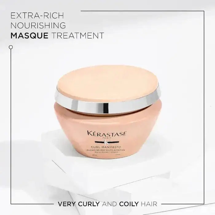 Alt Tag: Curl Manifesto Masque Beurre Haute Nutrition for curly, coily hair, deeply nourishes and hydrates to reduce dryness and breakage.