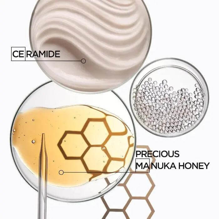 Illustration of Curl Manifesto ingredients: ceramide, precious Manuka honey, and texture beads. Key components for hair care.