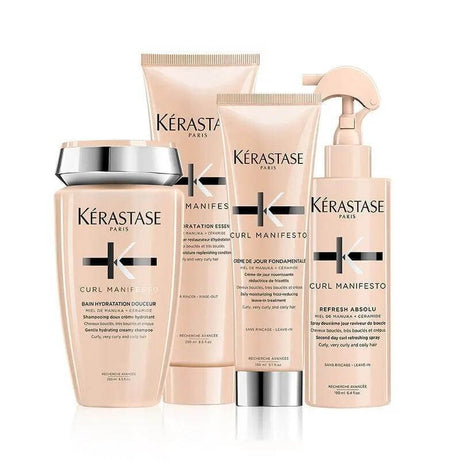 Kérastase Curl Manifesto set: Bain Hydration Douceur Shampoo, Fondant Hydratation Conditioner, Crème De Jour Hair Cream, Refresh Absolu Spray