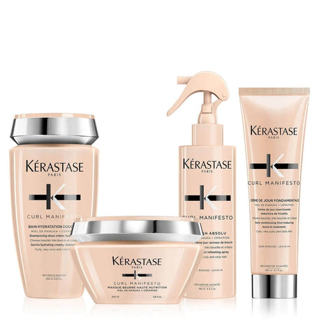 Curl Manifesto Set with shampoo, hair mask, cream, and spray for very curly hair.