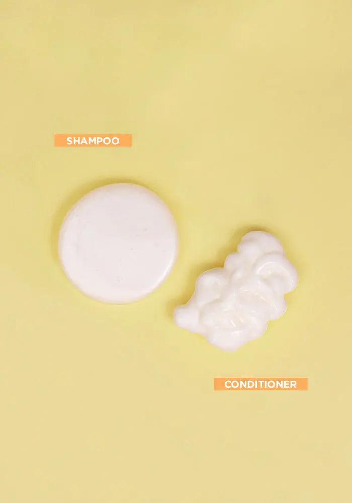 Curl shampoo and conditioner texture on yellow background highlighting Bounce.Me hydrate and nourish formula for curly hair.