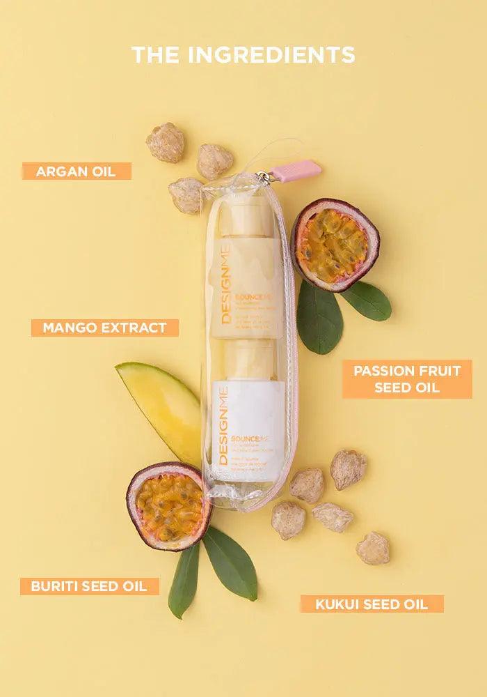 Ingredients of Curl Shampoo & Conditioner Ornament with argan oil, mango extract, passion fruit seed oil, buriti seed oil, and kukui seed oil.