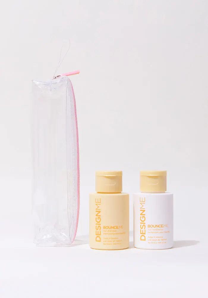 Travel-size BOUNCE.ME curl shampoo and conditioner with bag for hydrating and defining curls, waves, and coils.