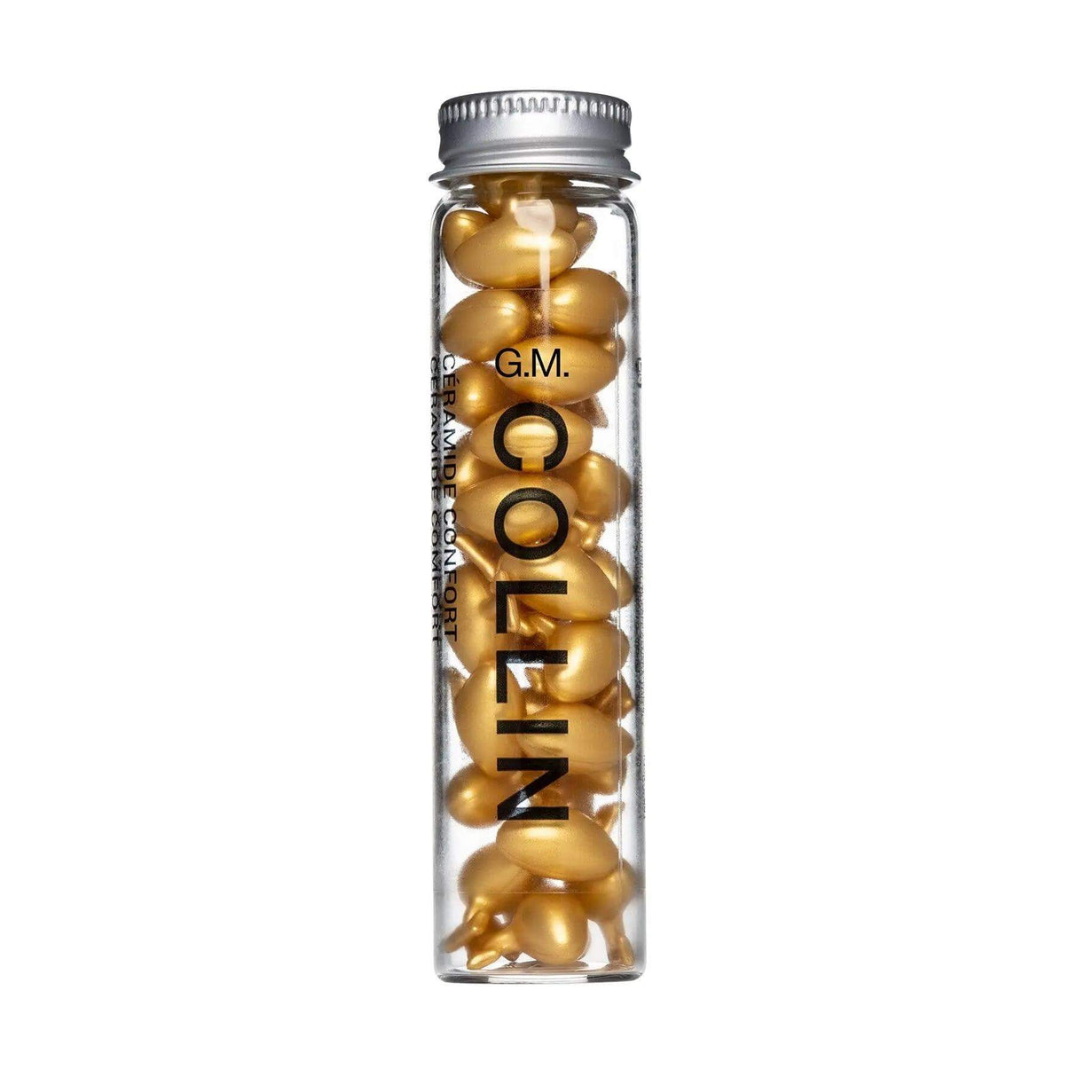 Glass bottle of Daily Ceramide Comfort capsules for nourishing skin and reducing visible aging signs.