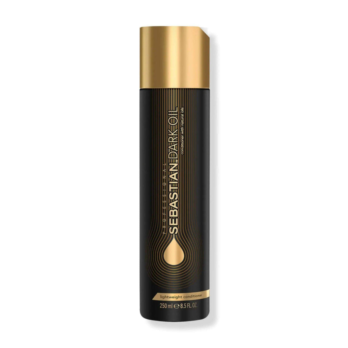Sebastian Dark Oil Lightweight Conditioner 250ml bottle with gold cap emphasizing smooth, detangled, and voluminous hair benefits.