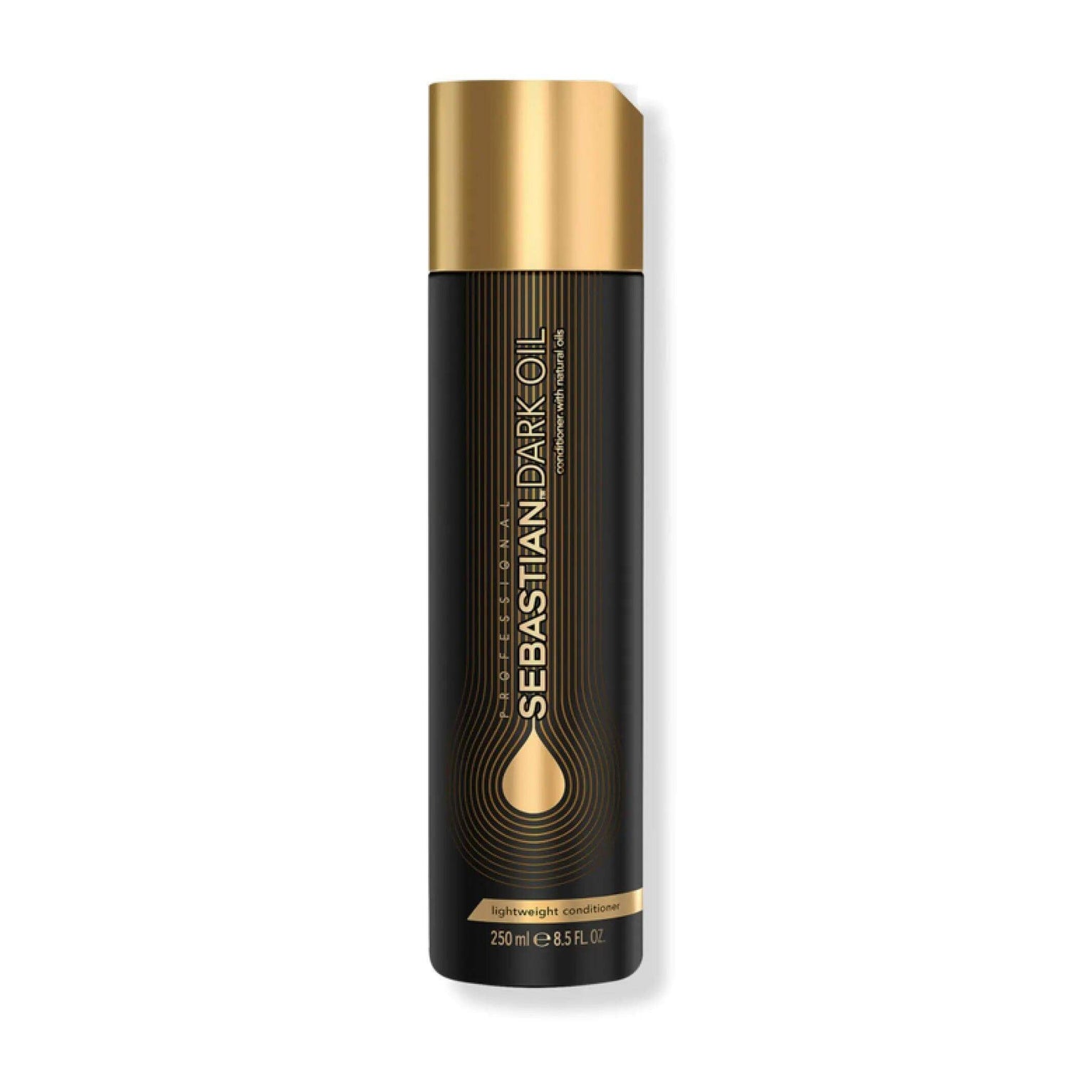Sebastian Dark Oil Lightweight Conditioner 250ml bottle with gold cap emphasizing smooth, detangled, and voluminous hair benefits.