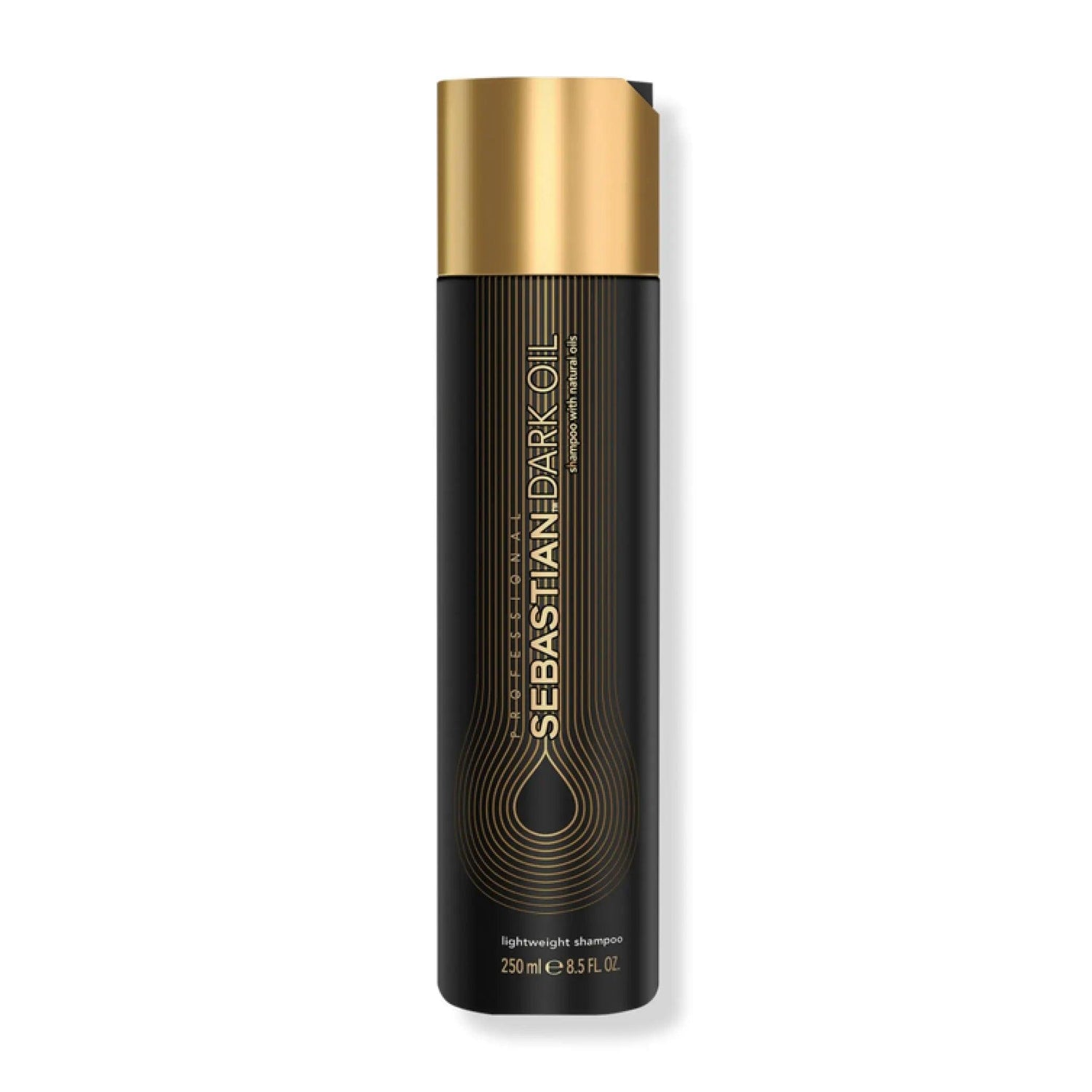 Sebastian Dark Oil Lightweight Shampoo bottle, enhances hair body and shine, lightweight formula for volume, 250ml.