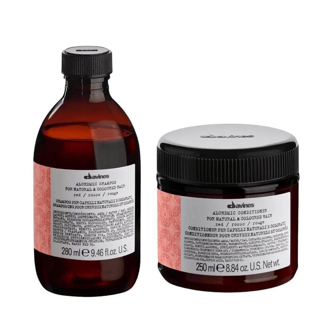 Davines Alchemic Red Shampoo and Conditioner Duo 250 ml for enhancing warm red hair color. Shampoo and conditioner bottles.