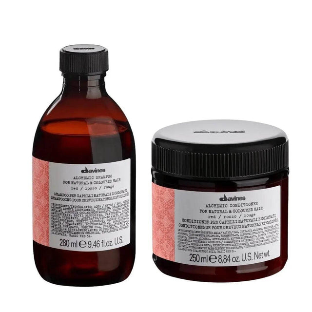 Davines Alchemic Red Shampoo and Conditioner Duo 250 ml for enhancing warm red hair color. Shampoo and conditioner bottles.