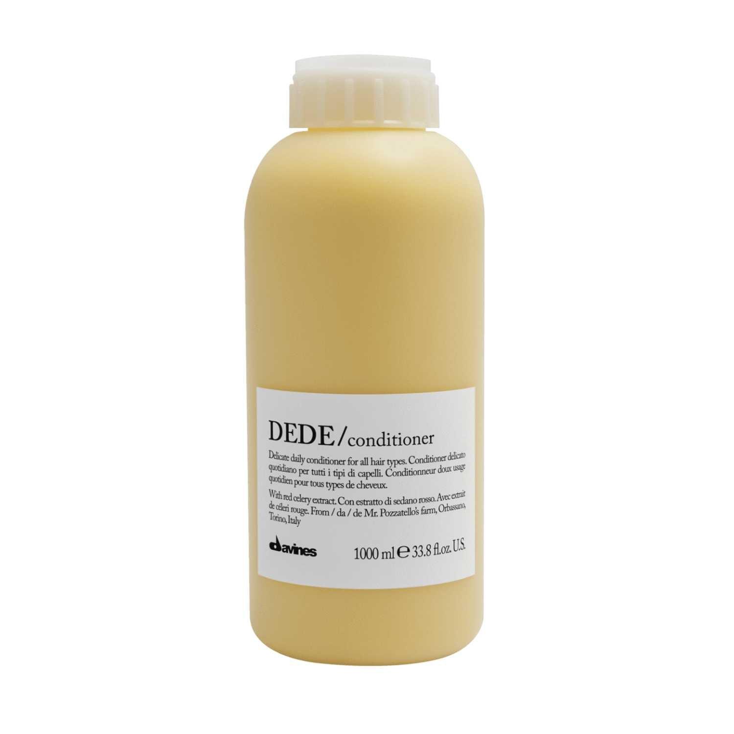 Davines Essential DEDE Conditioner Liter for fine hair, lightweight and moisturizing, 1000ml bottle, enhances softness and detangling.
