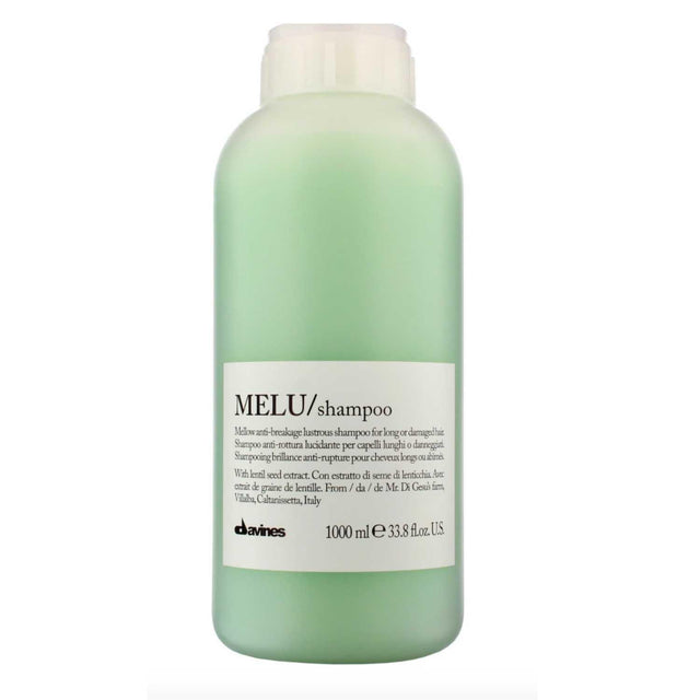 Davines MELU Shampoo Liter, anti-breakage formula, perfect for long or damaged hair, 1000ml bottle with elasticizing benefits.