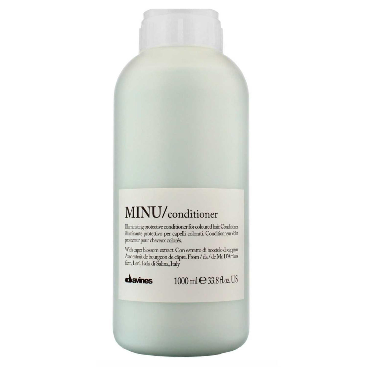 Davines Essential Haircare MINU Conditioner Liter for colored hair, enhances brightness, detangles, winner of Eco Beauty Awards.