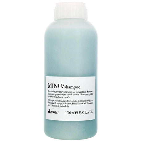 Davines Essential Haircare MINU Shampoo Liter for color-treated hair, 1000ml bottle, enhances shine and color longevity.
