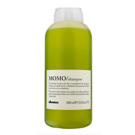 Davines Essential Haircare MOMO Shampoo Liter for dry hair, 1000ml bottle, moisturizing gel-like formula for hydrated, shiny hair.