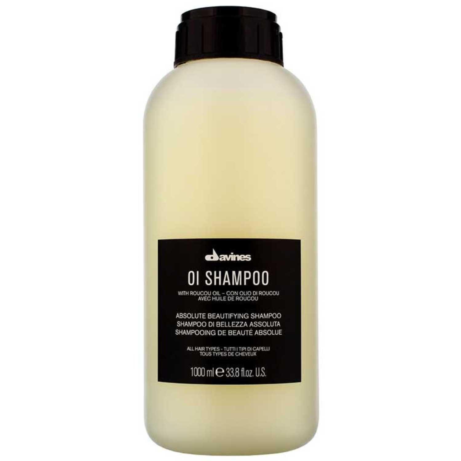 Davines Essential Haircare OI Shampoo Liter bottle with nourishing Roucou oil for soft, shiny hair and long-lasting fragrance.