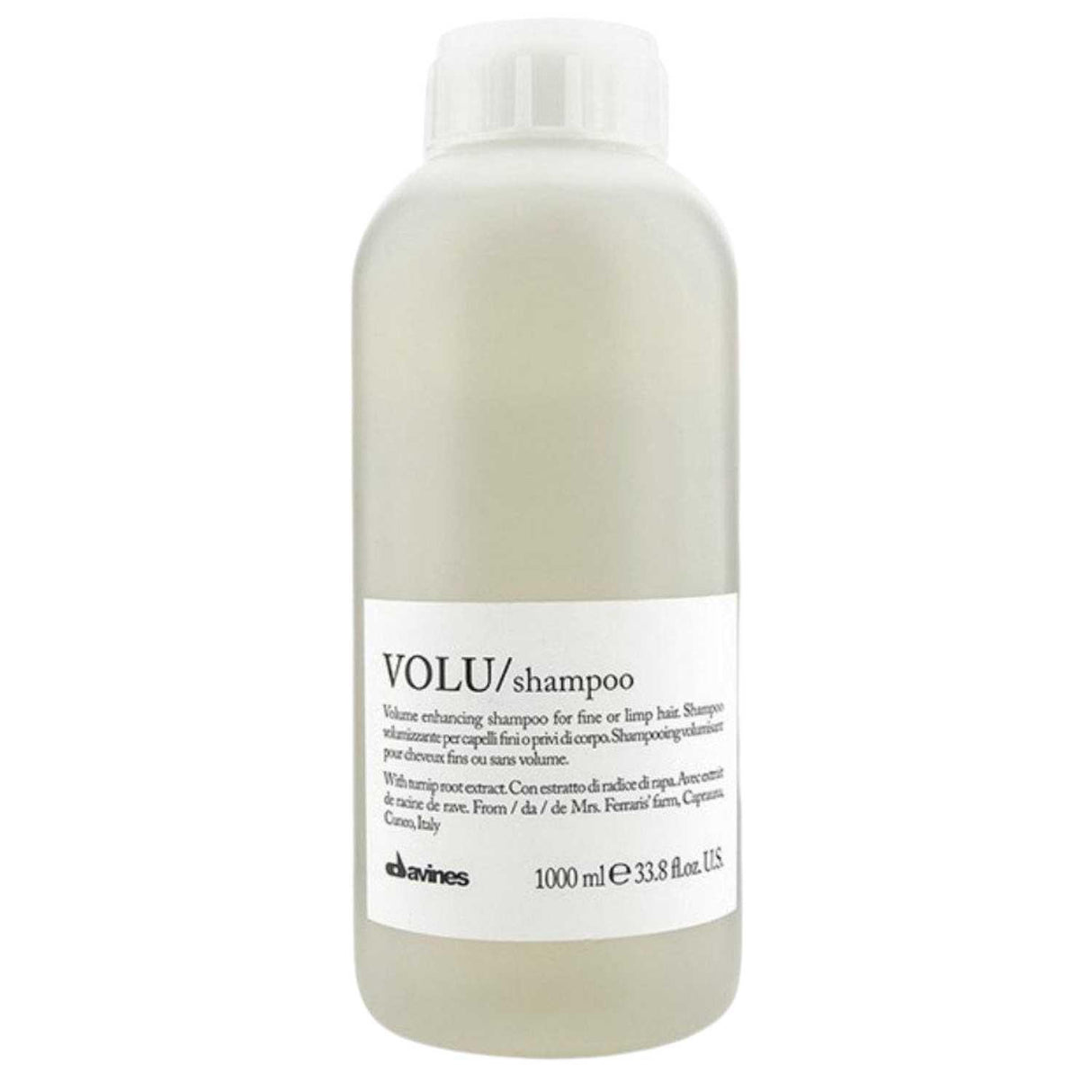 Davines Essential Haircare VOLU Shampoo Liter for fine hair, 1000ml bottle, volumizing formula enhances softness and shine.