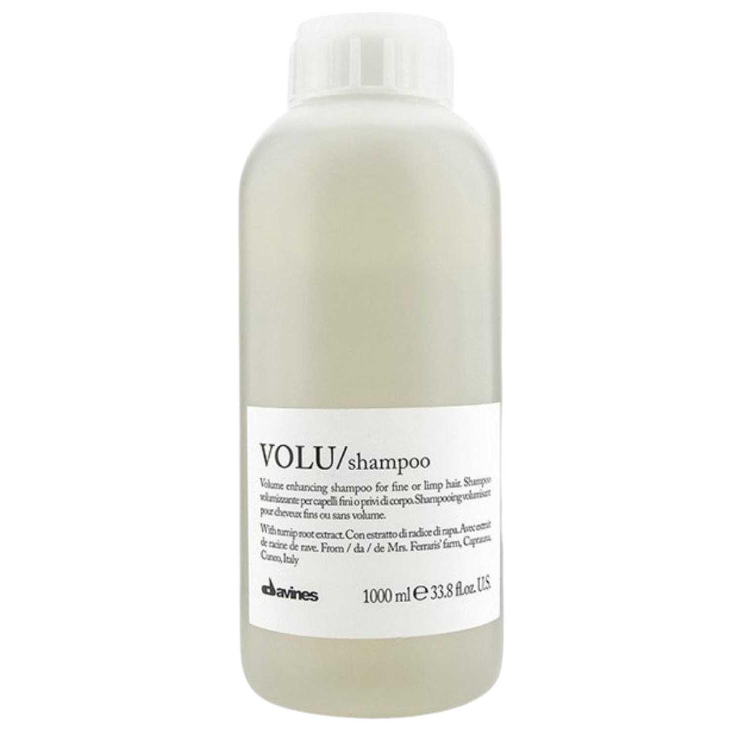 Davines Essential Haircare VOLU Shampoo Liter for fine hair, 1000ml bottle, volumizing formula enhances softness and shine.