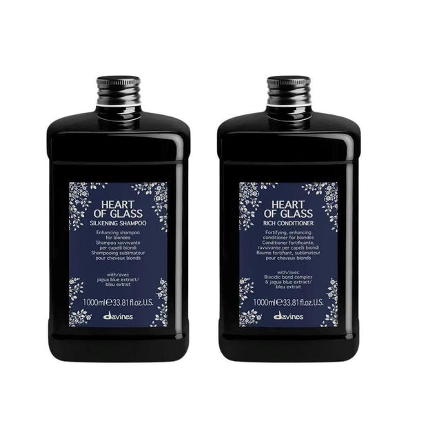 Davines Heart of Glass 1000ml Duo set featuring Silkening Shampoo and Rich Conditioner for blonde hair care.