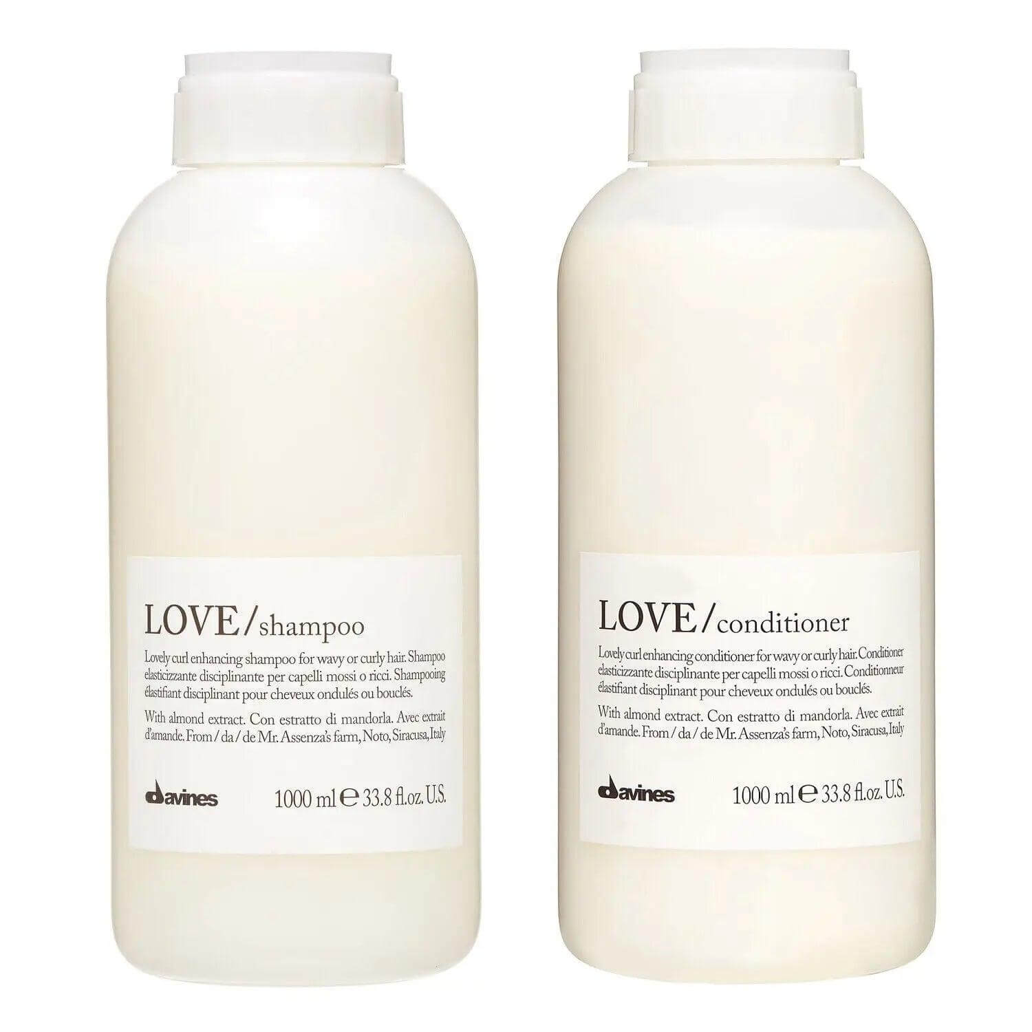 Davines Love Curl Enhancing Shampoo and Conditioner Duo 1L bottles for curly, wavy hair, boosting elasticity, volume, and shine.