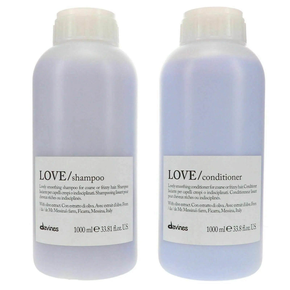 Davines Love Smoothing Pro Size Shampoo & Conditioner 1L Duo for frizzy hair, featuring smoothing shampoo and conditioner bottles.