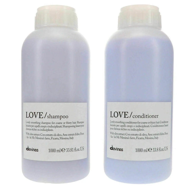 Davines Love Smoothing Pro Size Shampoo & Conditioner 1L Duo for frizzy hair, featuring smoothing shampoo and conditioner bottles.