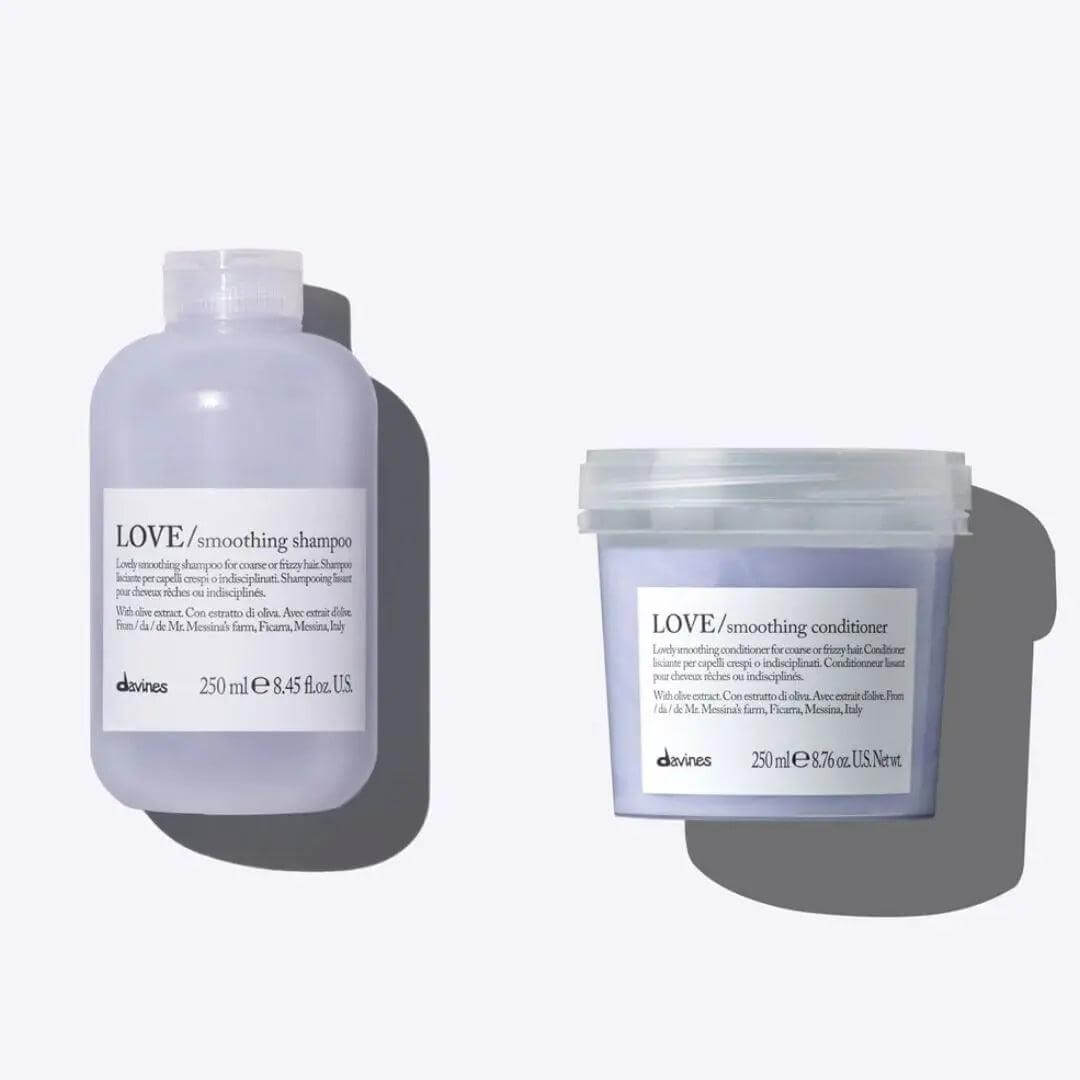Davines Love Smoothing Shampoo and Conditioner Duo 250ml for frizzy hair, enhances shine and elasticity.
