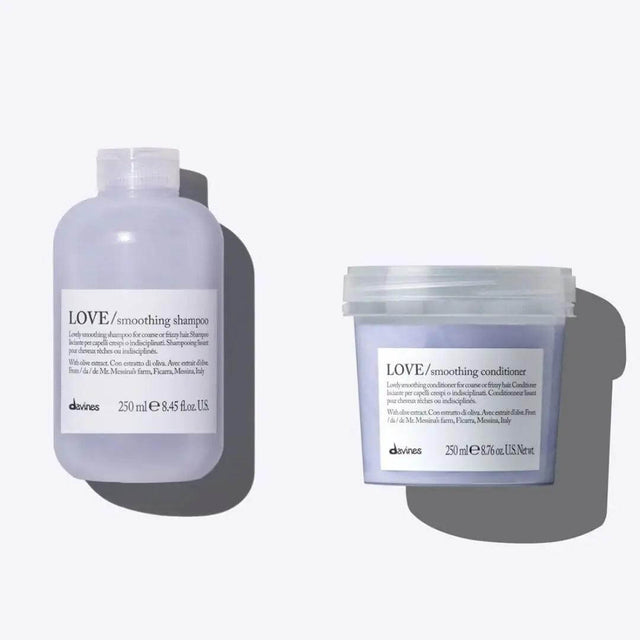 Davines Love Smoothing Shampoo and Conditioner Duo 250ml for frizzy hair, enhances shine and elasticity.