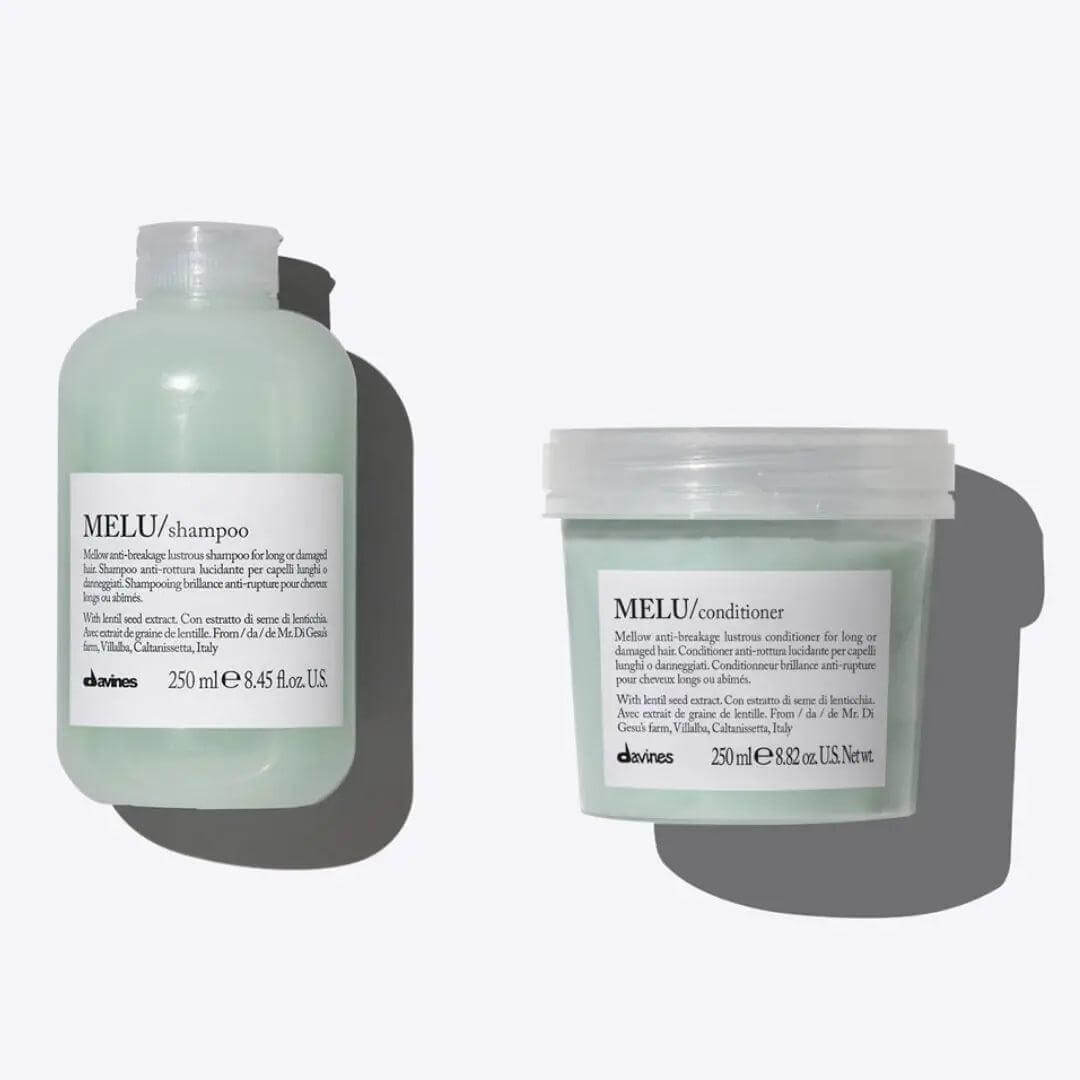 Davines Melu Shampoo & Conditioner Duo 250ml for anti-breakage, moisturizing long or damaged hair, adds shine and volume.