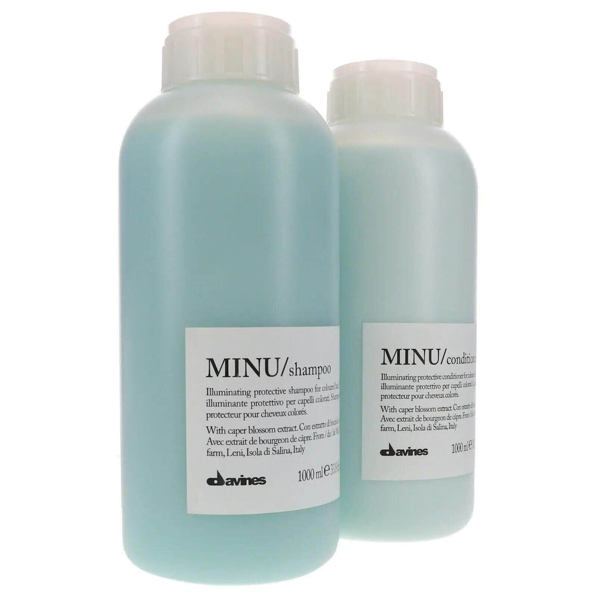 Davines Minu Pro Size Shampoo & Conditioner 1L Duo for colored hair, featuring rich foam for vibrant, hydrated, and shiny results.