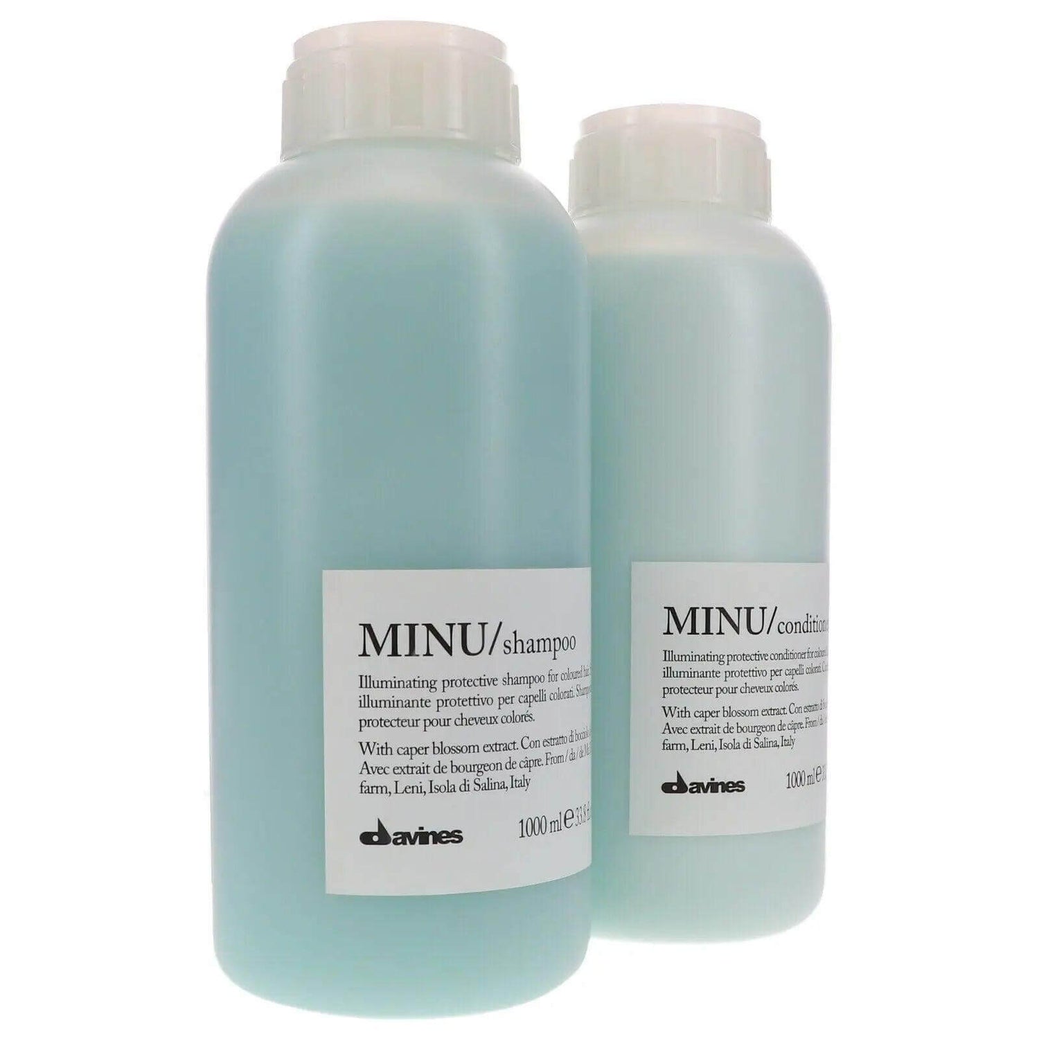 Davines Minu Pro Size Shampoo & Conditioner 1L Duo for colored hair, featuring rich foam for vibrant, hydrated, and shiny results.
