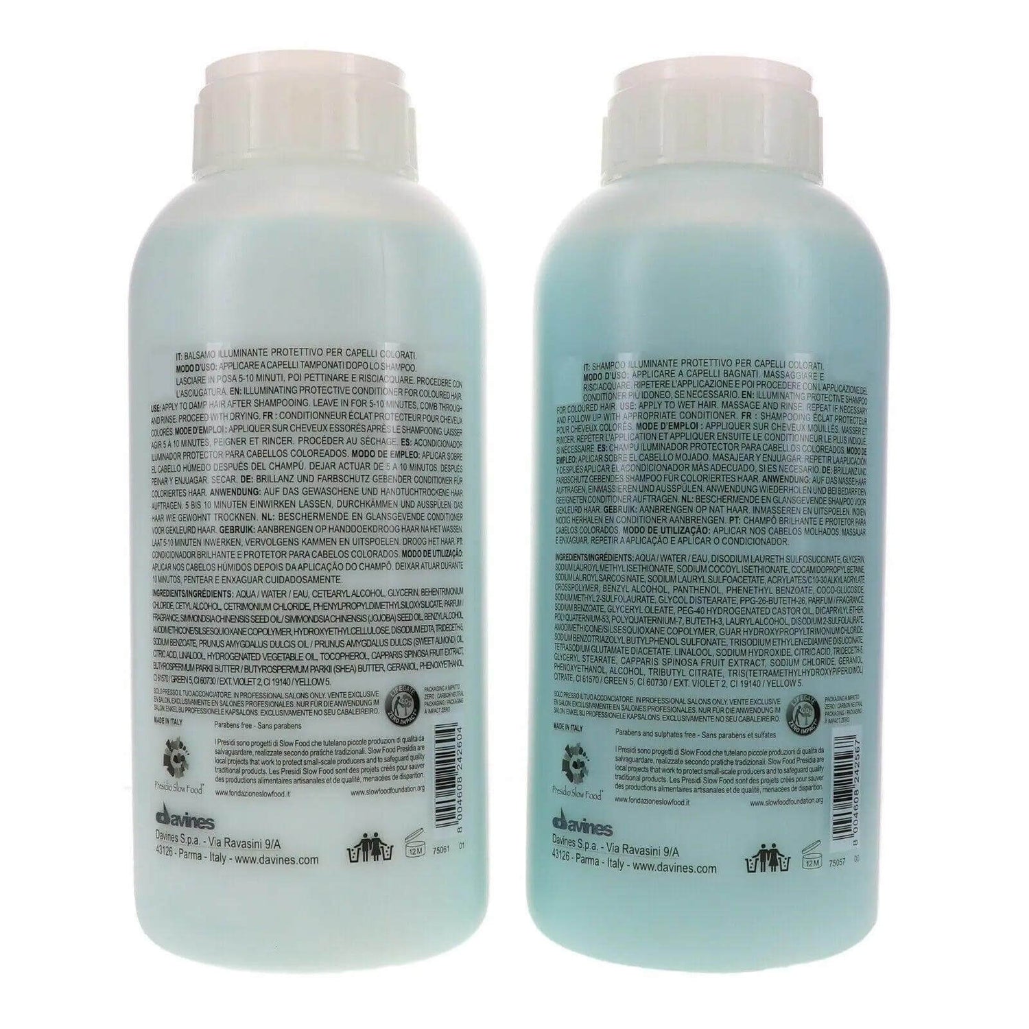 Back view of Davines Minu Pro Size Shampoo & Conditioner 1L bottles, showcasing product details and ingredients for colored hair care.