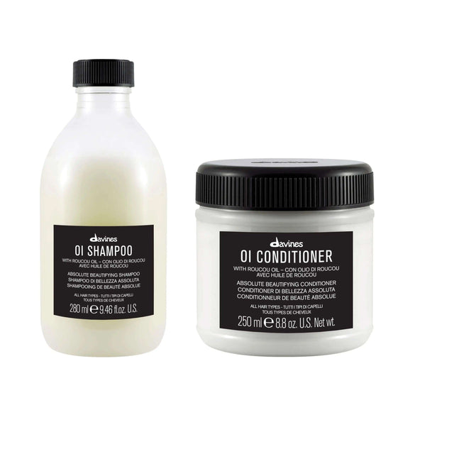 Davines OI Shampoo and Conditioner Duo 250 ml with nourishing Roucou oil for soft, shiny, voluminous hair, gentle cleansing, and detangling.