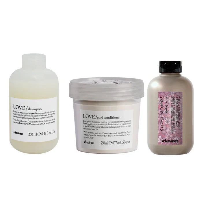 Davines Love Curl More Inside Gift Set with shampoo, conditioner, and curl serum for enhancing curly and wavy hair.