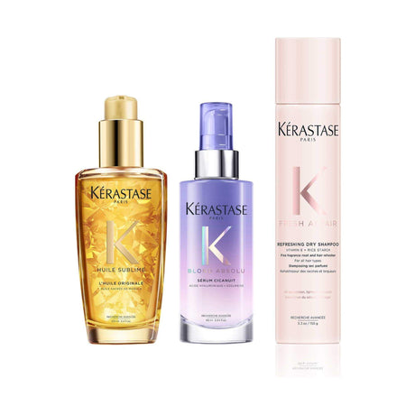 Kérastase Day Night Routine for Blondes with Huile Originale Elixir Ultime for shine and strength, ideal for dull blonde hair care.