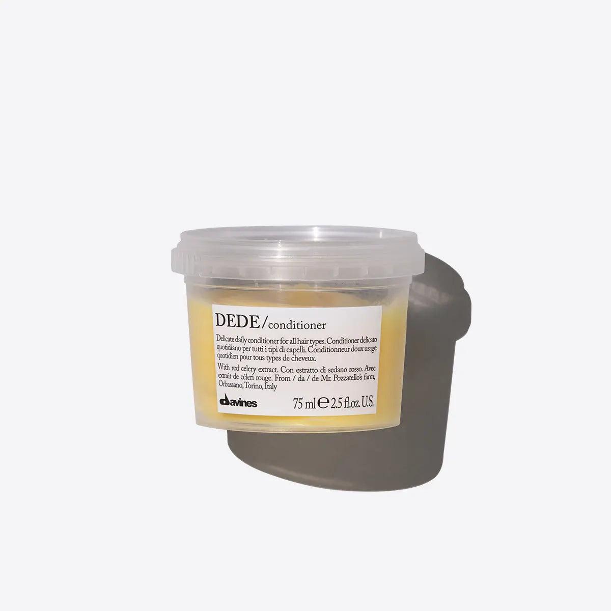 Dede Conditioner container with label, revitalizes, hydrates, and detangles all hair types for natural shine and softness, 75ml size.
